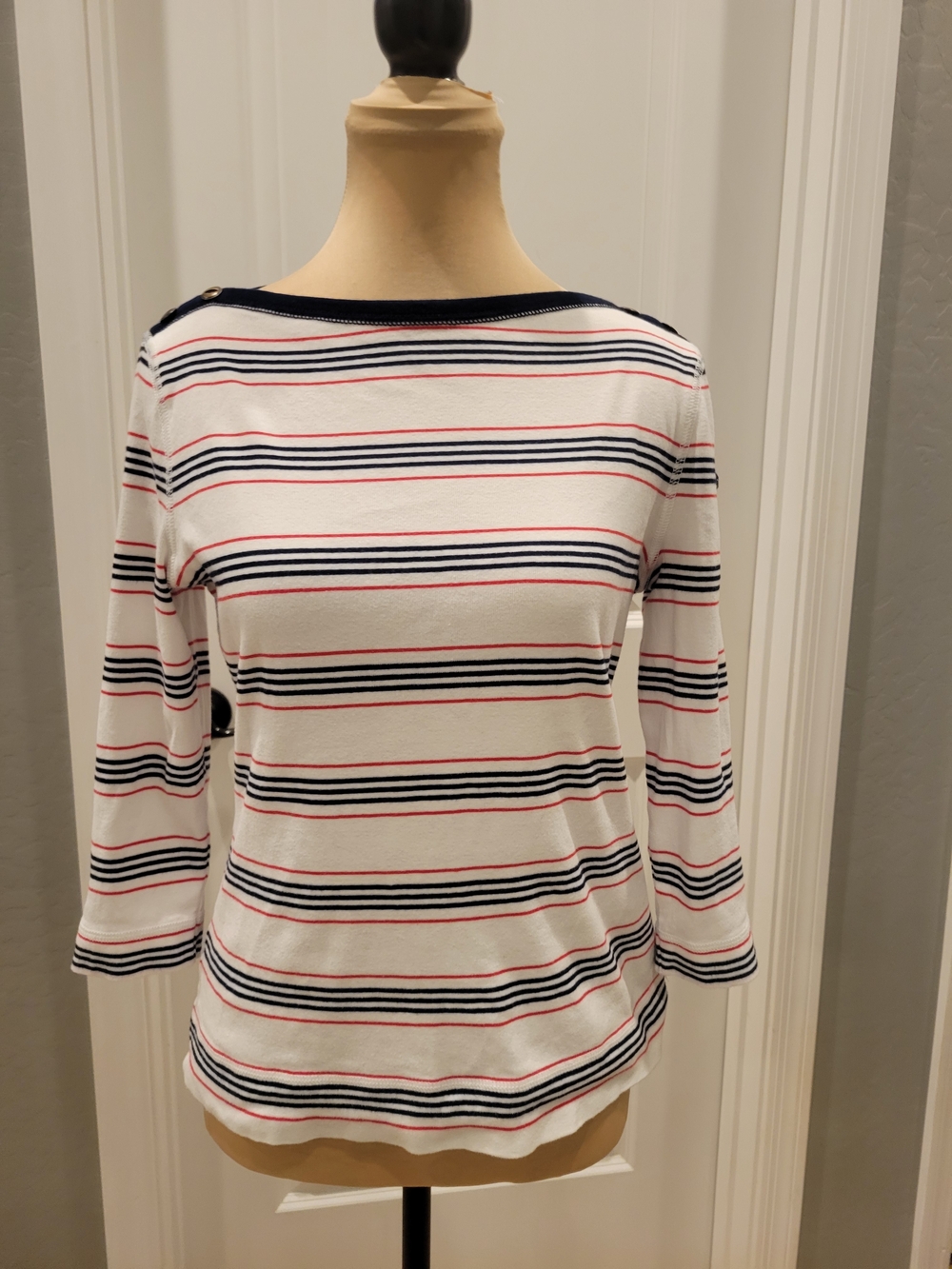 Ralph Lauren Women’s White Striped Boatneck Top with Navy and Red Trim